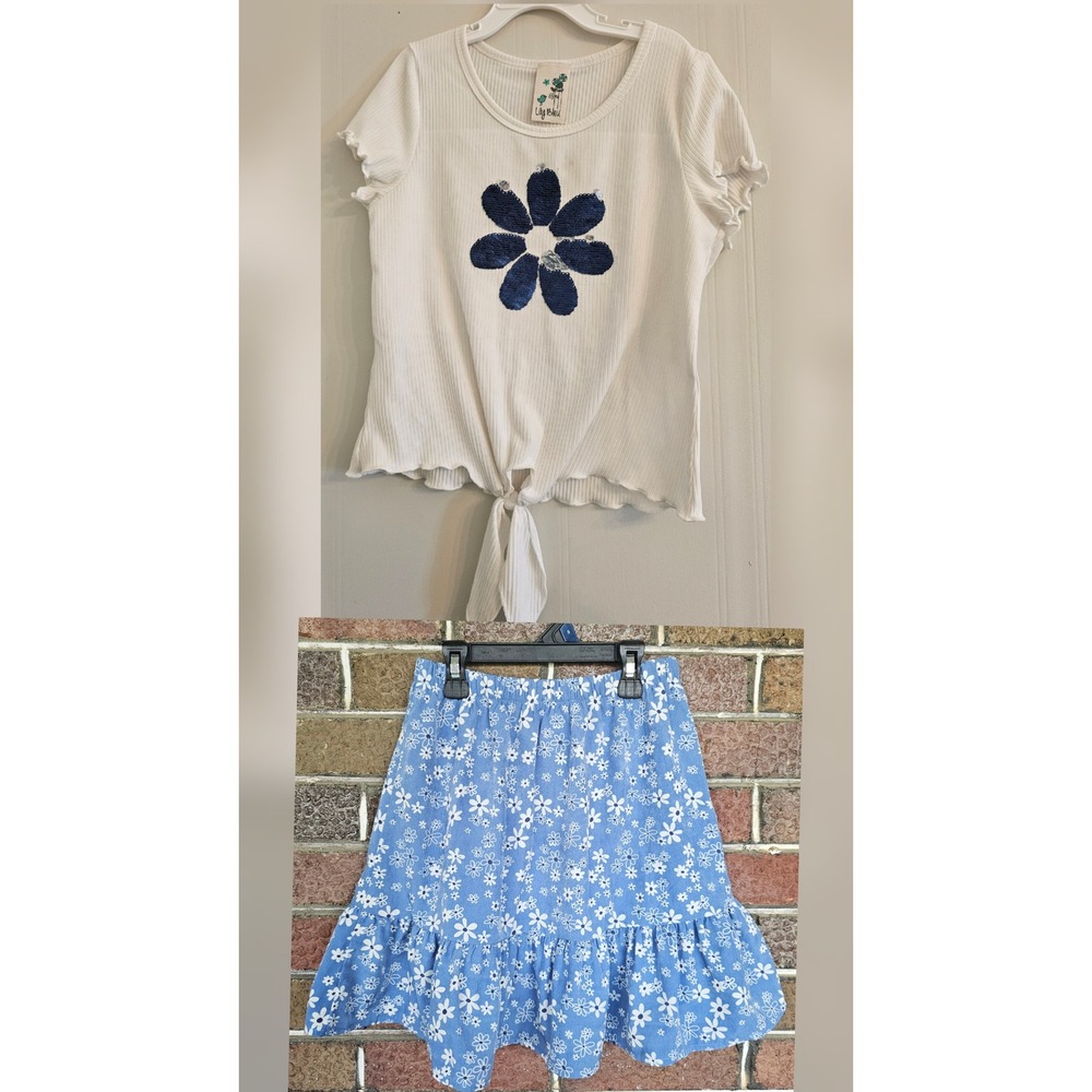 Lily Bleu Girls Size 12 outfit White Ribbed Sequin Flower‎ Top Blue Floral Skirt